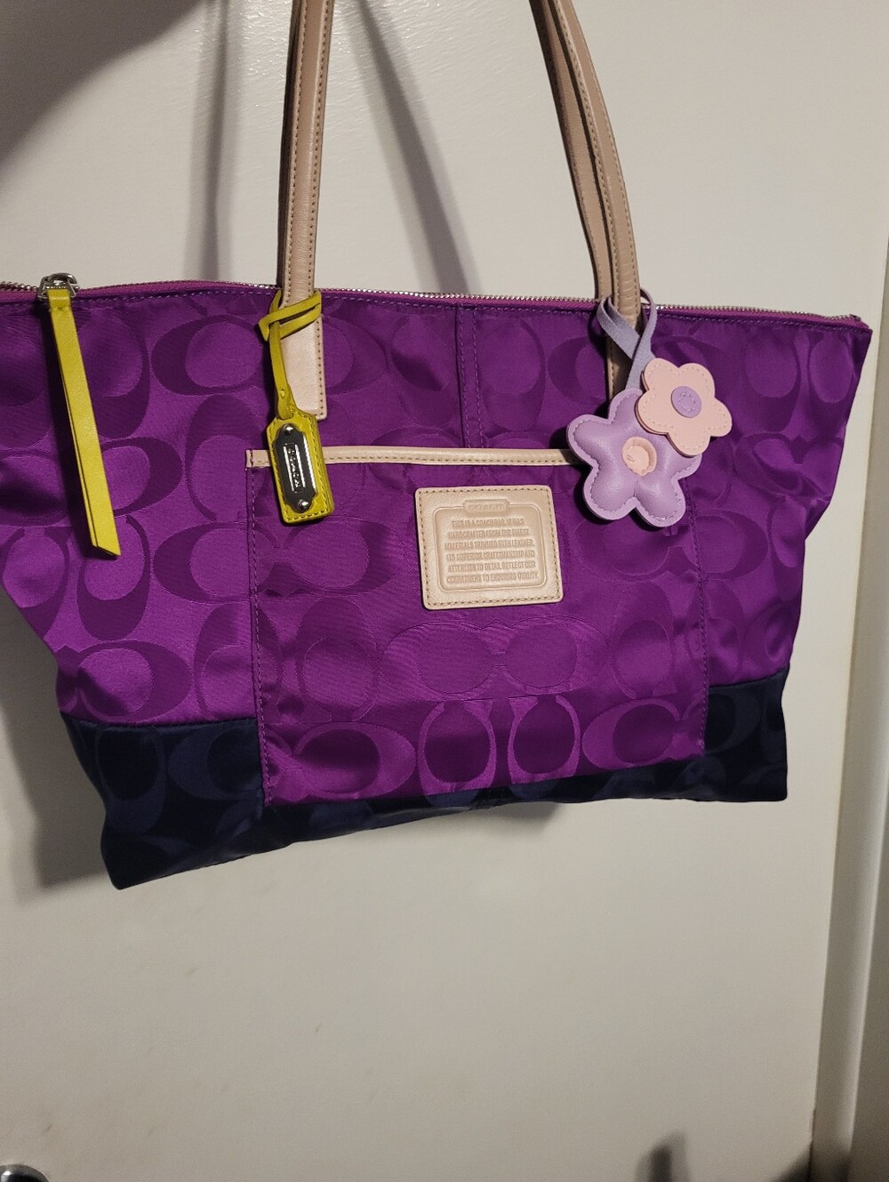 Coach Weekend Signature Colorblock Nylon East/ West Tote. Magenta/ Deep Purple